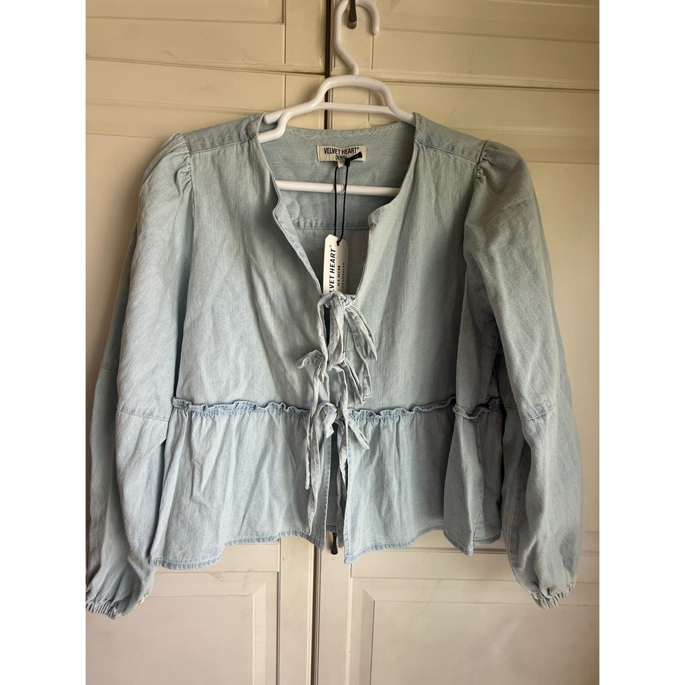 Velvet‎ Heart Denim Womens XL Blue Peplum Tie Front Puff Sleeve Chambray Toplum